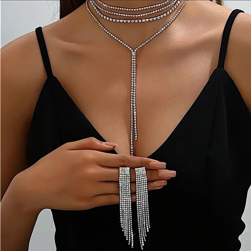 Silver Crystal Y Lariat Choker Matching Earrings Rhinestone Necklace New …